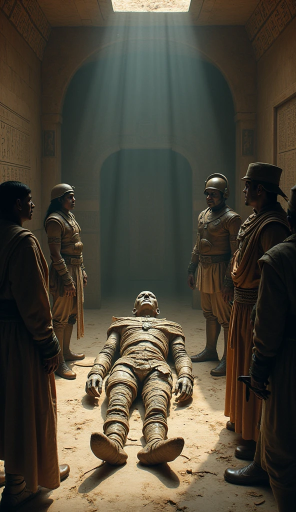 A very old mummy in a dark and old room, some soldiers and an Egyptian prince are standing nearby watching her.