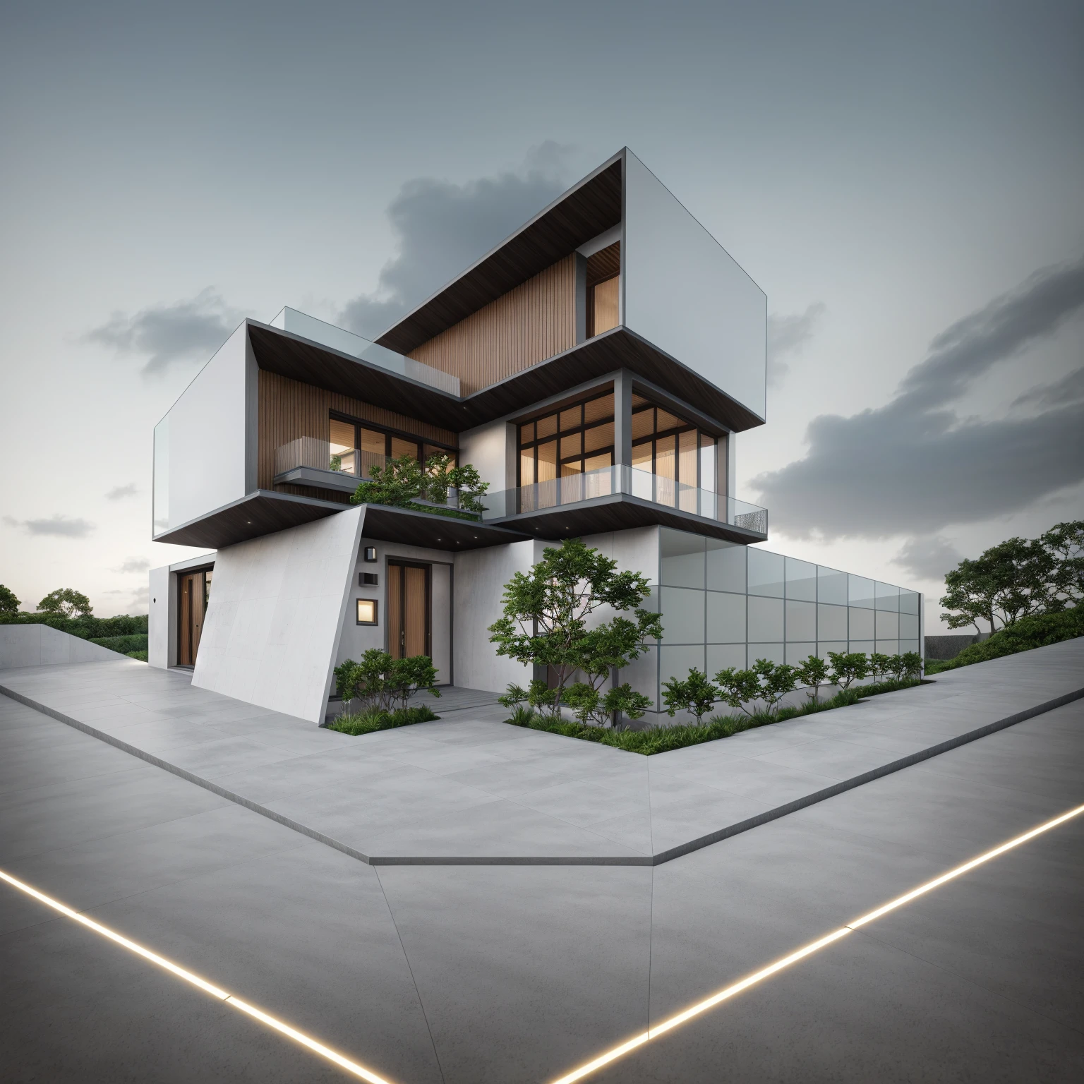 PLATFORM KTHOUSE, 1 morden villa, main material of villa about build color wall:1.2 glass panel:1.1 and stone:1.2, 1large yard, 1 road runs in front of the house, (RAW photo, real, best quality, masterpiece:1.2), look morden minimalist, 1 road in front of the house, dynamic lighting:1.3, (hyper realistic, photo-realistic:1.2), high quality, (dark lighting:1.2), perfect lighting, archdaily, no human