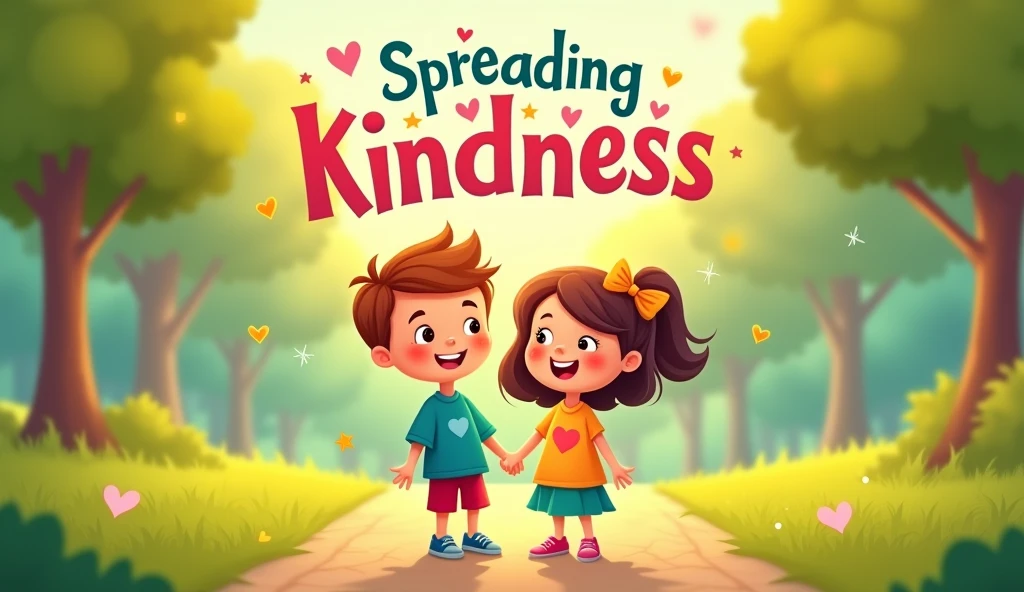 Create a colorful and cheerful YouTube thumbnail featuring the title 'Spreading Kindness: A Song of Friendship for Kids' in bold, playful font. The background should show two children, a boy and a girl, smiling and holding hands in a vibrant, sunny park setting with green grass and trees. Include symbols of friendship, like hearts and stars, subtly in the background. The overall design should be bright and inviting, capturing the warm, joyful theme of the song.