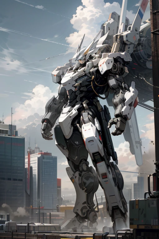 null, cloud, Holding_arms, no_human, Shine、robot, building,Mecha, science_fiction, city, Realistic,Mecha、High resolution、8k、High resolution、Very detailed、Perfect Proportions、Beautiful art、masterpiece、Highest quality、Very high precision、Ultra high definition