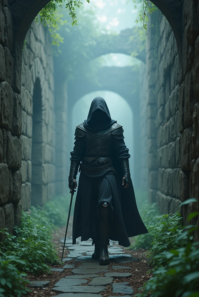 The photo shows a figure in dark armor and hood holding a sword and walking through an ancient stone corridor surrounded by vegetation. The photo has a misty atmosphere that adds to the mystery and mysticism of the setting, intricate details, he is holding the sword hyper-realistic, original--v 6.0 --ar 9:16
