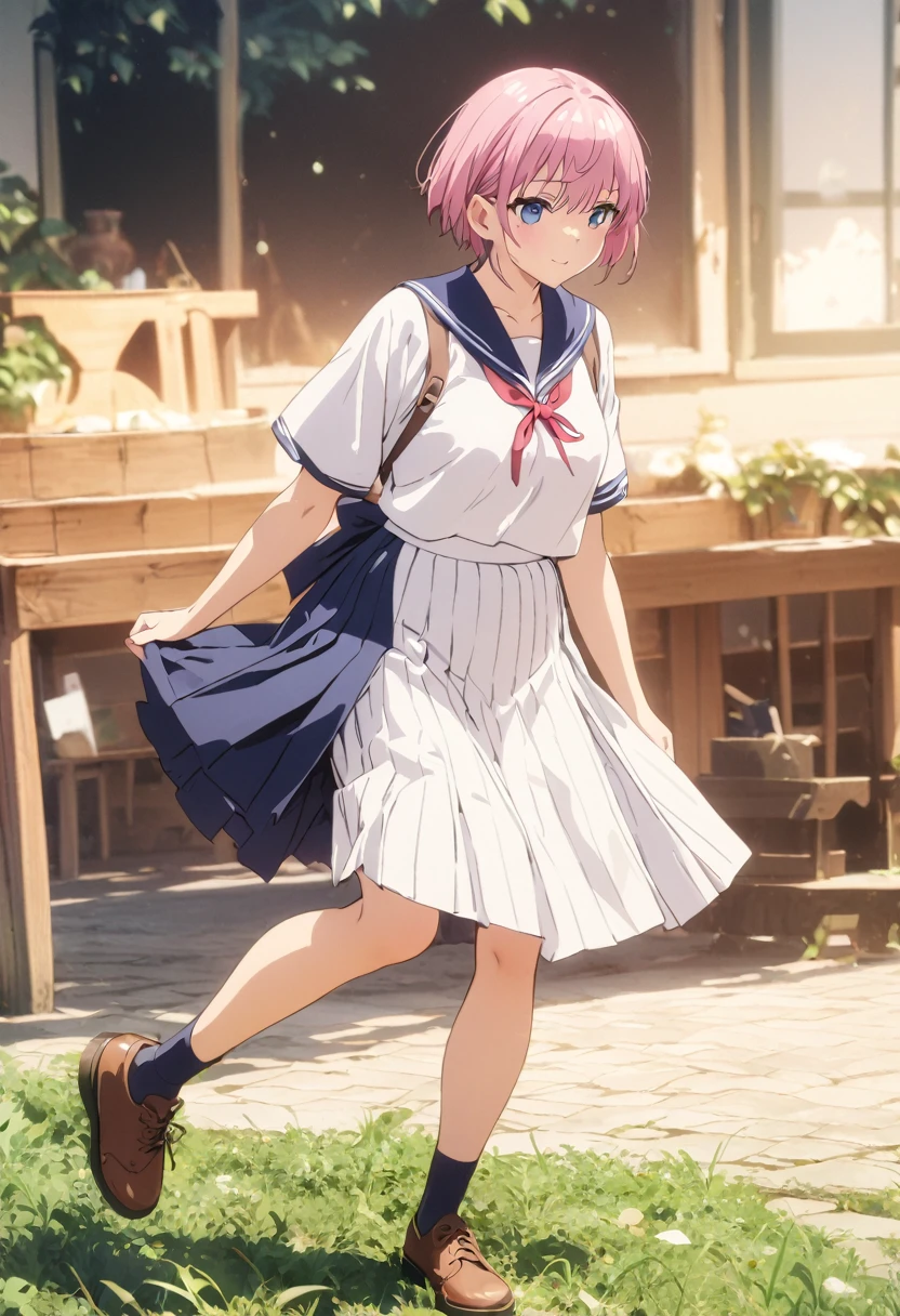 (Highest quality, 4K, 8k, High resolution, masterpiece:1.2), Very detailed, Picturesque, Animated Photography, Photo Animation:1.37)、Japanese schoolgirl、(Pink Hair)、(short hair)、stnding、Full body photography、Nakano ichika
