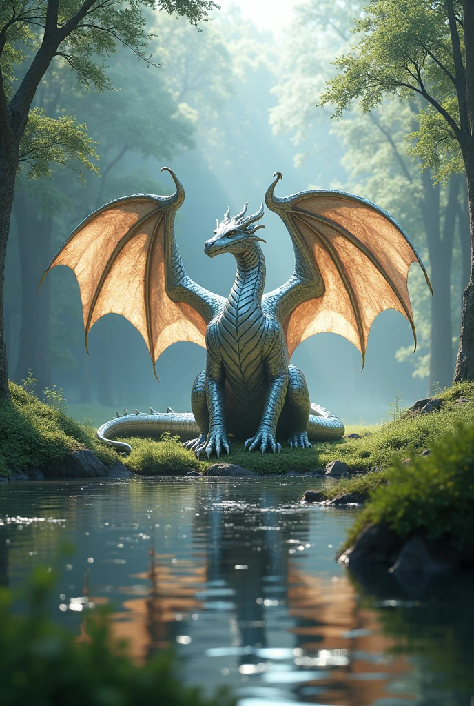 a majestic silver dragon、two wings made of feather、 four arms、in a clearing with a lake
