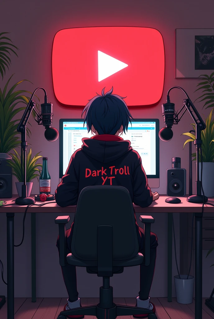 Create a image of A 15 years anime bay setting in front of a computer desk with a microphone and laptop wearing black and red hoodie with tha channel name DARK TROLL YT . Tha background includes a large YouTube  logo on tha wall potted plants on either side and various recording equipment