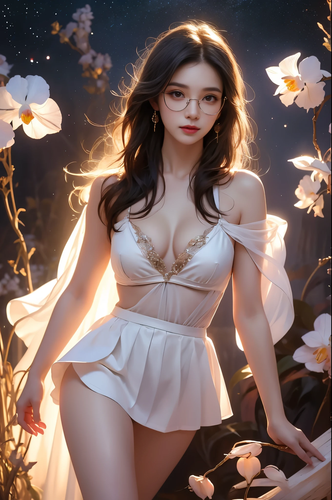 outfit desert eagle(quality improvement:1.4),1girl, Visible cleavage,Sexy long legs,The skirt is short,She gently lifted her skirt with one hand,Surrounded by white Phalaenopsis orchids,Lilac dendrobium、White Lily, Flying petals,(Top quality leather), Delicate face,Black Hair, Gradient hair, Body,(Body1.1), He has a precious gem on his forehead.., Frameless glasses, Shining Student,Long eyelashes,Smile, Surrealism, Movie Lighting, Projection Insertion, Surrealism, Ultra HD, masterpiece,lie,Keep dreaming,Open your legs slightly.,Tattoo,Fantasy Space,Luxurious space,Exquisite makeup,Blush,Shy expression