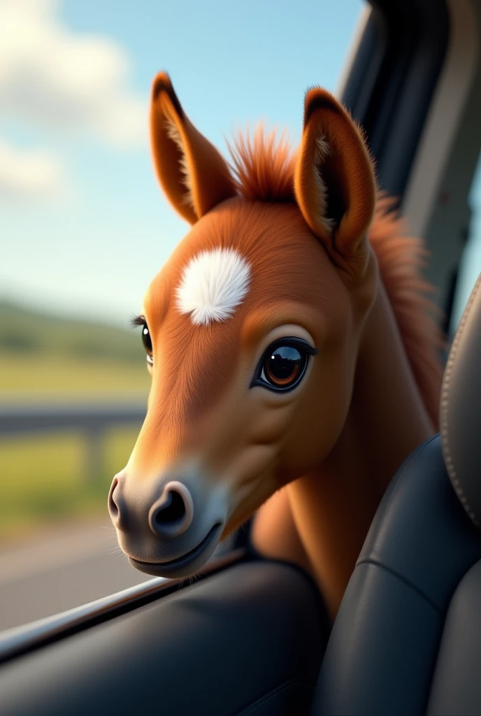 A brown baby horse in car window his face out from car window 