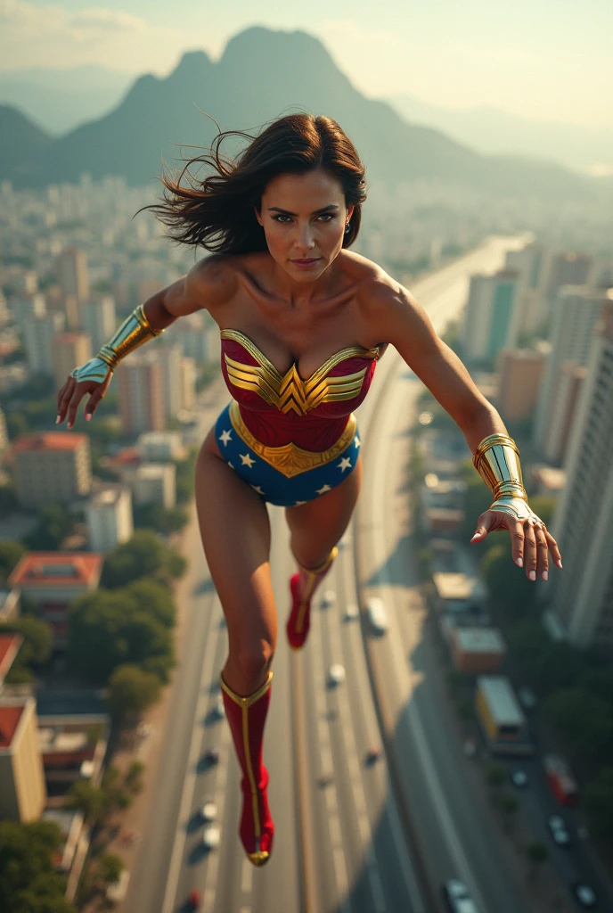 panoramic view; flying with determination; faster than a jet; strong old Meryl Streep((without glasses))) Superwoman 1984 costume (((50 years old; short hair))); determined, confident, imposing woman; airbender; floating above the Rio de Janeiro 1984 highway(((Região dos Lagos))); (heavy traffic; satellite view); superhero pose flying through the skies 