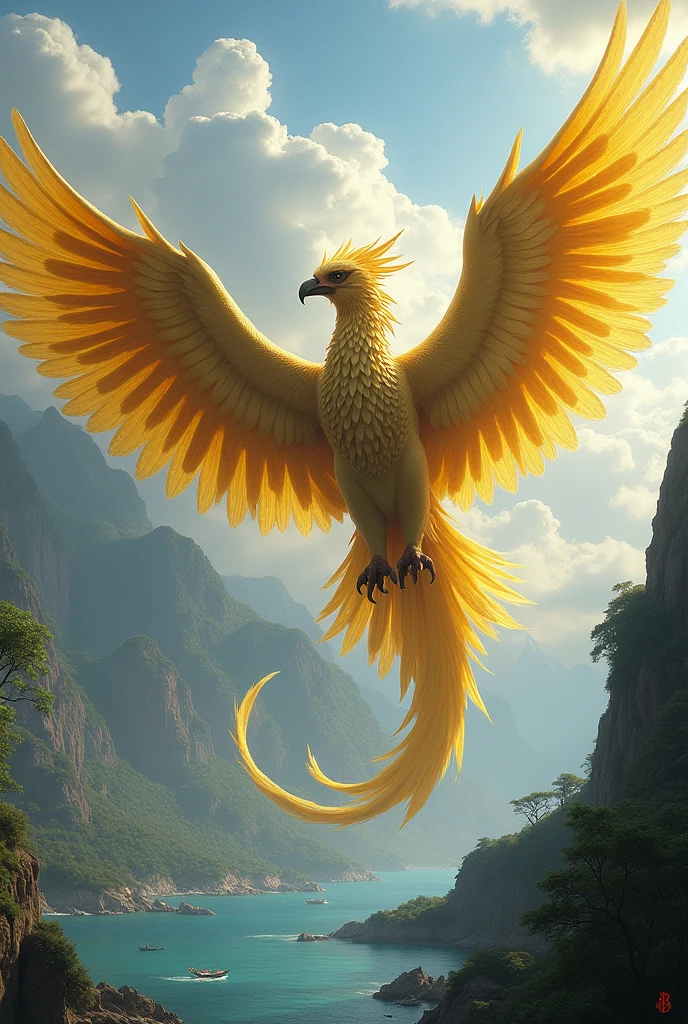 Golden feathered garuda bird monster, 17 number of left and right wing feathers, 8 number of tail feathers, 45 number of neck hairs, flying over the mountains and oceans
