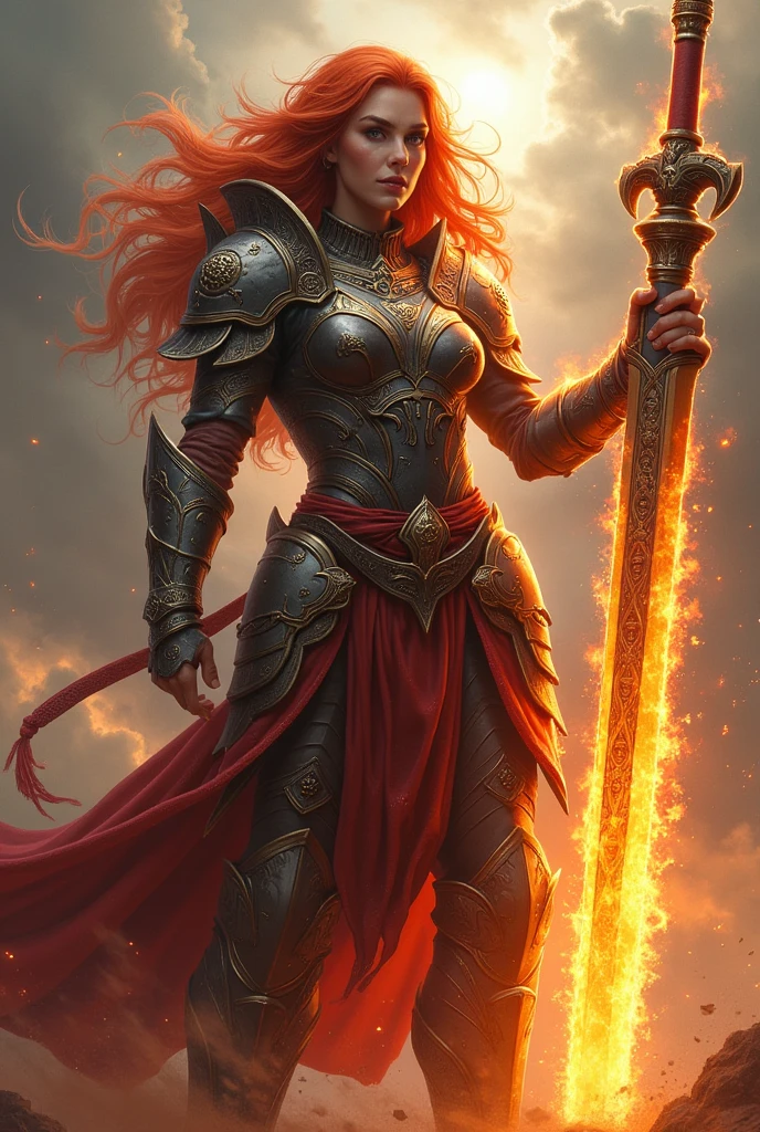 A goddess of war, blazing red hair, big fire claymore weapon, inner clothing, more armor, chest plate, warrior attire, warrior skirt, no revealing skin, intimidating pose