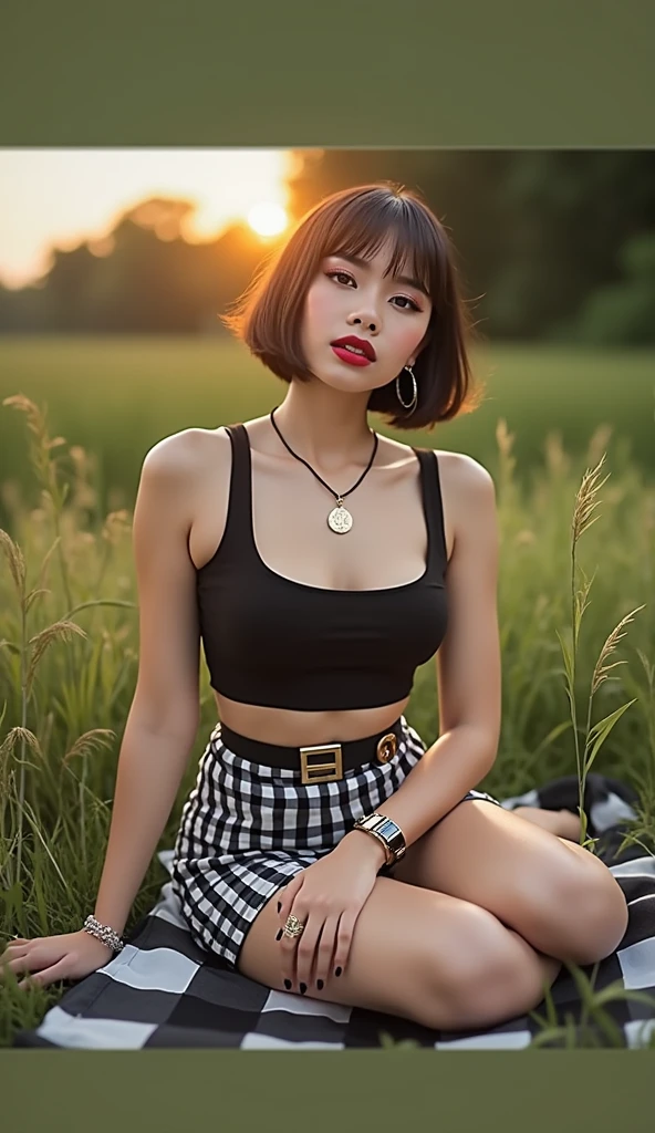 A beautiful Indonesian woman smiles with a sharp gaze, red lips, classic bob bangs hair, tight tank top short skirt wearing H letter necklace bracelet and watch, sitting in the middle of the grass on a black and white checked cloth, sunset is very beautiful sky,
Very bright lighting., fashion