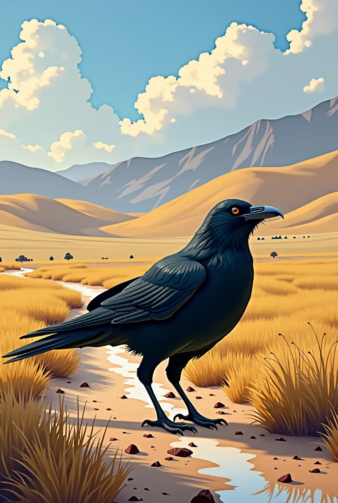 Once upon a time, during a hot summer day, a thirsty crow was searching for water.