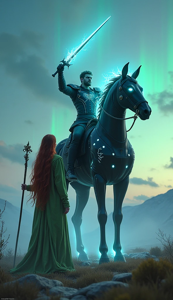 In a vast, mystical landscape where the sky shimmers with the colors of the evening aurora, the graceful summoner Seraphina stands. Her long, flowing red hair is topped with a green hood, and her piercing green eyes are filled with determination. Her elegant robe, made of pale green cloth with magical symbols embroidered on the sleeves, billows gently in the breeze. In her hand is a staff that glows faintly with mystical energy.

Seraphina summons Odin, a legendary figure now reimagined as a fearsome android warrior. Clad in futuristic, sleek black armor, his metallic body gleams with an unearthly light, and his eyes are cold, glowing orbs of blue energy. His face, partially concealed behind a high-tech visor, emits a faint mechanical hum as he surveys the battlefield. Odin's colossal sword is no longer mere steel but an advanced energy blade, pulsating with raw power.

Beside him, Sleipnir, his eight-legged steed, has also undergone a transformation. Now an imposing, robotic horse, Sleipnir's body is crafted from dark, polished metal, with neon-blue circuitry running along its limbs. Each of its eight legs moves with precision, producing a rhythmic, mechanical sound as it steps forward. The horse's eyes glow with the same blue energy, mirroring Odin's, and its hooves leave behind faint, glowing trails as it moves through the air.

Odin, seated atop Sleipnir, raises his energy sword high towards the heavens, the blade crackling with energy. The atmosphere grows heavy with anticipation as Odin prepares to execute Zantetsuken, his signature move. The scene is charged with a mix of ancient power and cutting-edge technology, as Seraphina gazes upon her summoned android knight and his steed with unwavering focus.