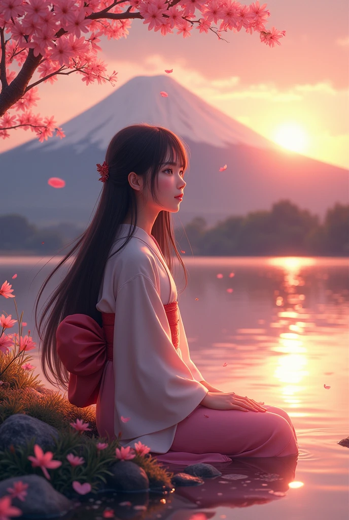 best quality, masterpiece, extremely detailed, detailed background, detailed eyes, anime, 1girl, beautiful eyes, young girl, long hair girl, expressive face, kimono, retro, mount fuji lansdscape, outdoors, sunset, beautiful sky, lake picnic, landscape, scenery, horizon, mountain sitting near mountain, wind, flower petal, spring, looking away, atmospheric lighting, reflection, naturalistic, detail, realism. relaxation, beauty, solo focus, close up, from side, depth of field, bokeh