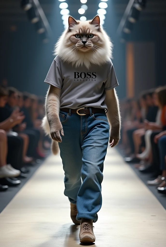 Himalayan cat wearing a Hugo Boss T-shirt and jeans set in a fashion show. Full body photo as real as in real life.