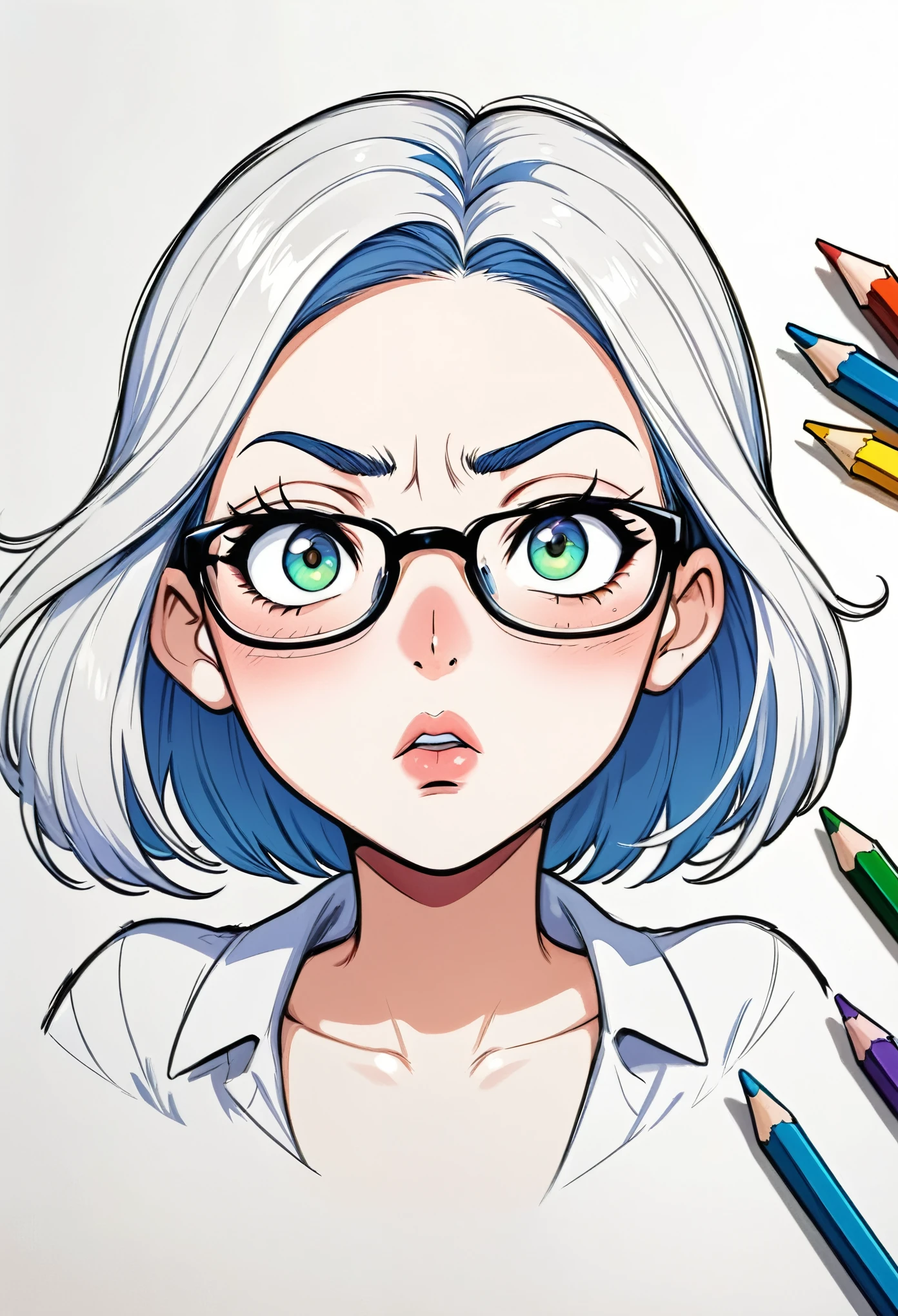 a cartoon sketch of an angry girl with glasses, white background, drawing made in colored pencil and thick lines, Pixar style, highres, white border, (best quality,4k,8k,highres,masterpiece:1.2),ultra-detailed,(realistic,photorealistic,photo-realistic:1.37),extremely detailed eyes and face,beautiful detailed eyes,beautiful detailed lips,longeyelashes,furious expression,glasses,colorful pencils,thick outlines,vibrant colors,dynamic pose