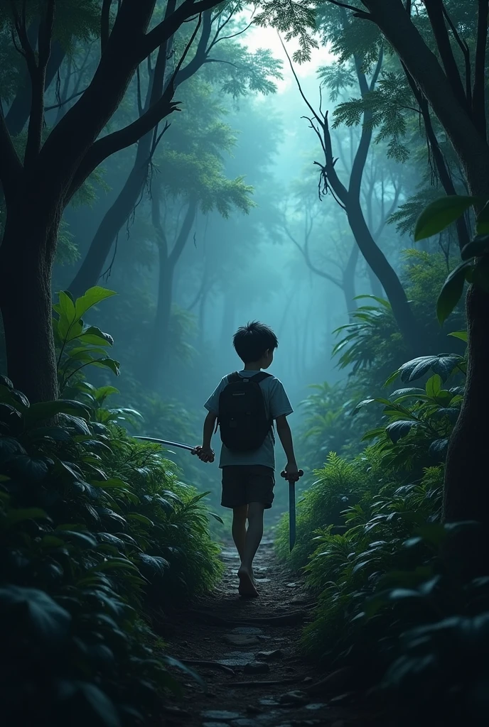 Prompt: A dense, dark jungle with tall trees and thick bushes. The young boy, Ram, is seen cautiously walking deeper into the forest, holding his sword tightly. The surroundings are eerie, with shadows and strange animal shapes visible in the background. Faint moonlight filters through the leaves, creating an intense and suspenseful atmosphere.