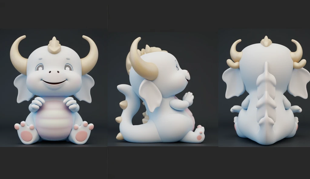 3D rendering, C4D, cartoon style version of a cute Chinese baby dragon, blue body, pink face, golden horns on his head, smiling happily and praying with his hands folded, full body front view and side view, back view. Light indigo and gold style, anime aesthetics, furry art, solid color background, super high detail.