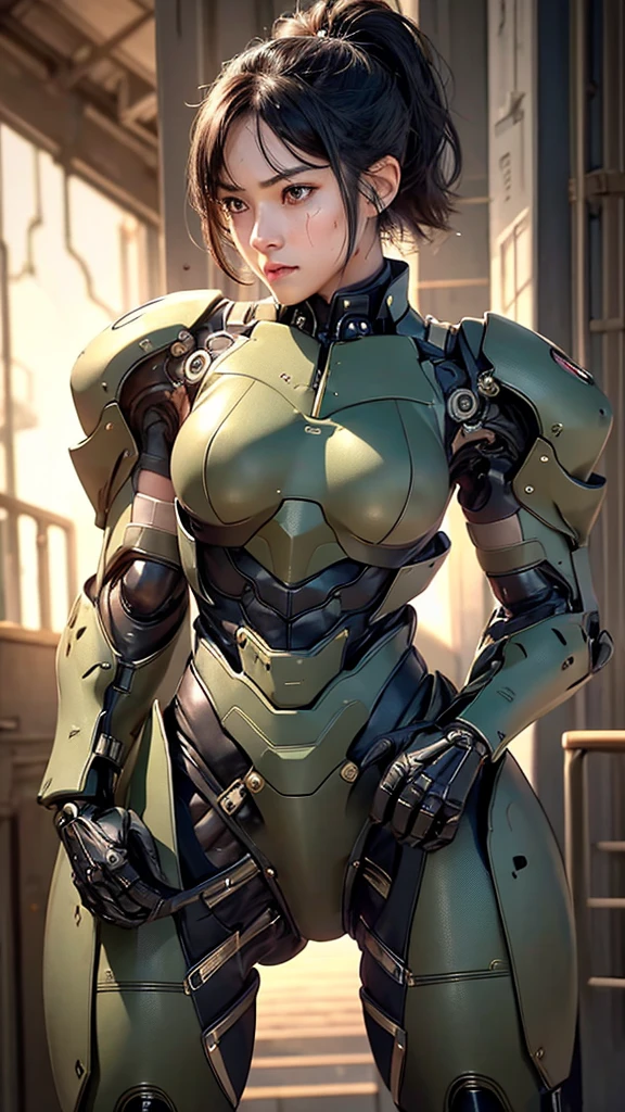 Rough skin, Very detailed, Advanced Details, high quality, 最high quality, High resolution, 1080P, hard disk, beautiful,(War Machine),beautifulサイボーグの女性,Dark Green Mecha Cyborg Girl,In combat,Mecha Body Girl,、Junior high school girl Very short hair、Sweaty brown eyes、Sweaty face、freckles Embarrassed look ((Steam from the whole body)) Cute Toddler Black-haired ((Steam coming out of the head)) Glasses Sit on a chair M-shaped feet (Shyness)