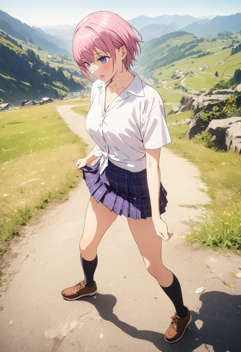 (Highest quality, 4K, 8k, High resolution, masterpiece:1.2), Very detailed, Picturesque, Animated Photography, Photo Animation:1.37)、Japanese schoolgirl、(Pink Hair)、(short hair)、stnding、Full body photography、Nakano ichika
