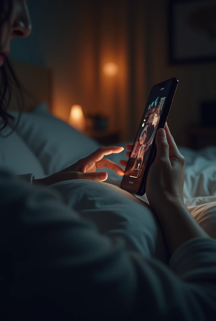(photorealism:1.2), laying over the shoulder view on a smart phone in woman's hand on bed, a dim light room, indoor