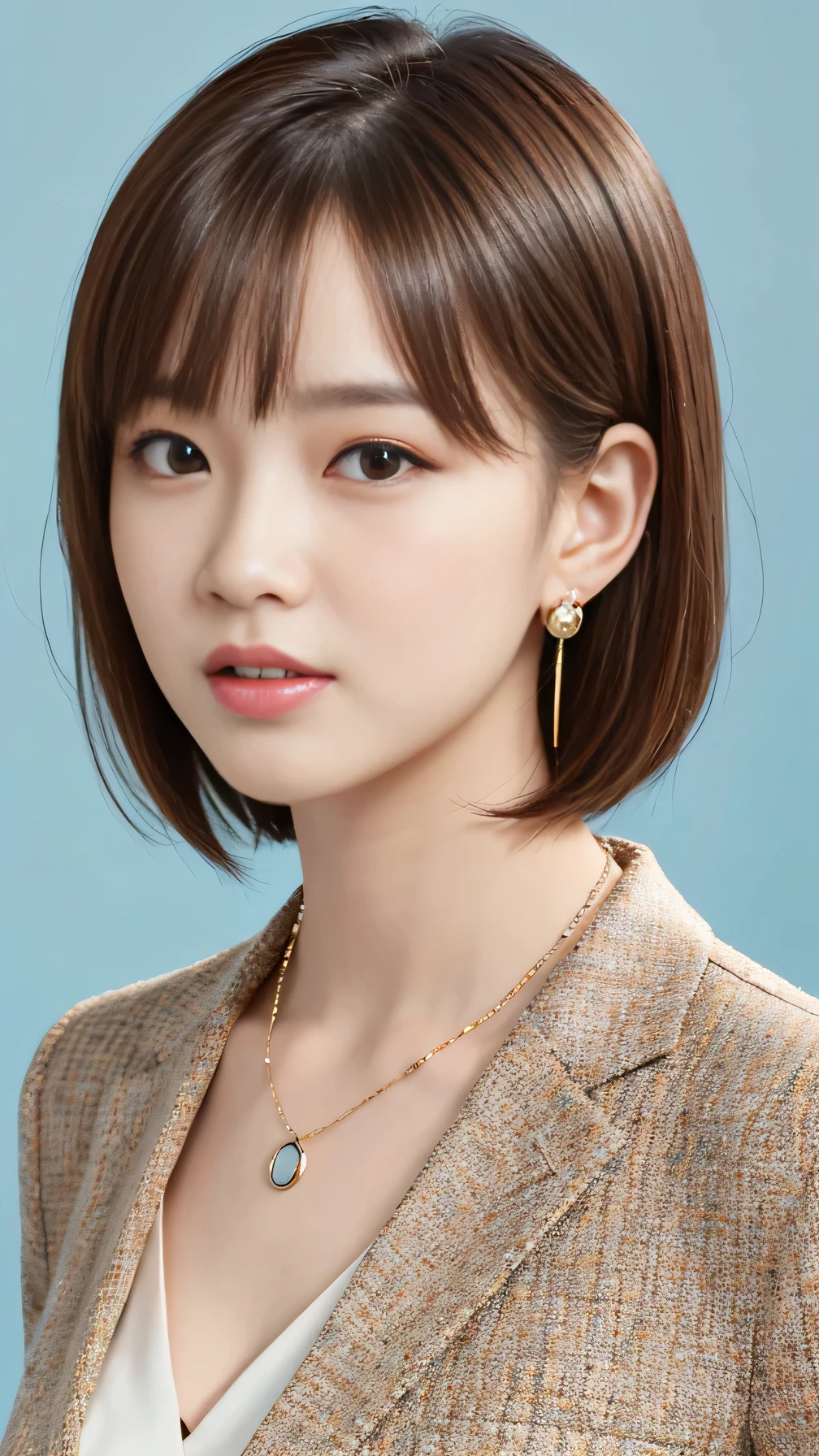 RAW Photos, High resolution, Very detailed, Intricate details, 、ear piercing、Expressionless、short hair、Light brown hair、Clear beauty,(High quality fabric, Office Lady Suits 、Necklace around the neck、, The background is the office