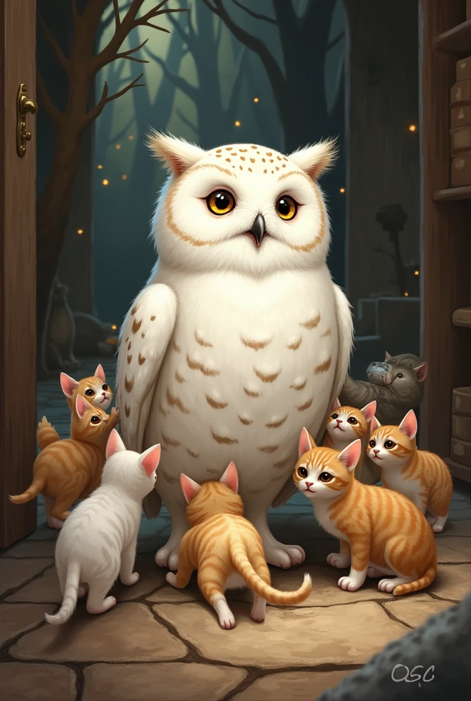 La chouette d’harry potter contente entouree de plein de chatons
