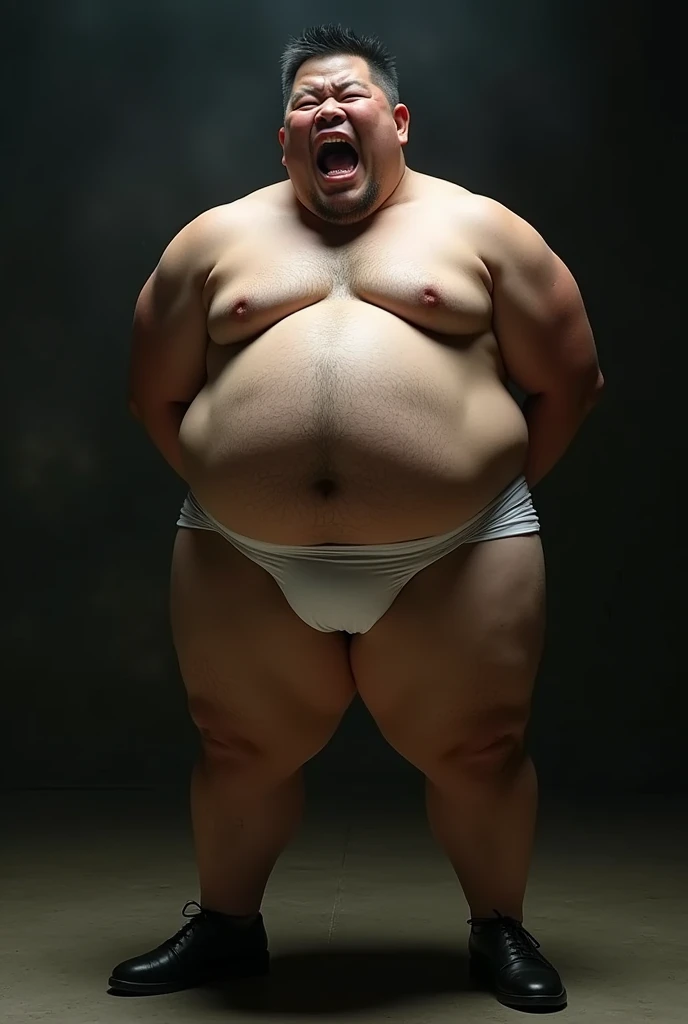 He weighs 130 kg, For a person 170cm tall, I&#39;m a middle-aged man、I have a fat metabolic body type.、Has a round physique, Short black hair, Shirtless.Wearing white briefs、I am Japanese、He has stubble.、There is a lot of body hair、I&#39;m wearing black business shoes、I&#39;m wearing thin black nylon socks.、
Highest quality, Anatomically correct, masterpiece, Backlight, Open your mouth, High resolution, High detail, Textured skin, Ahegao, pain, excited, Intimidating, Fatty face, Hands folded behind your back、
