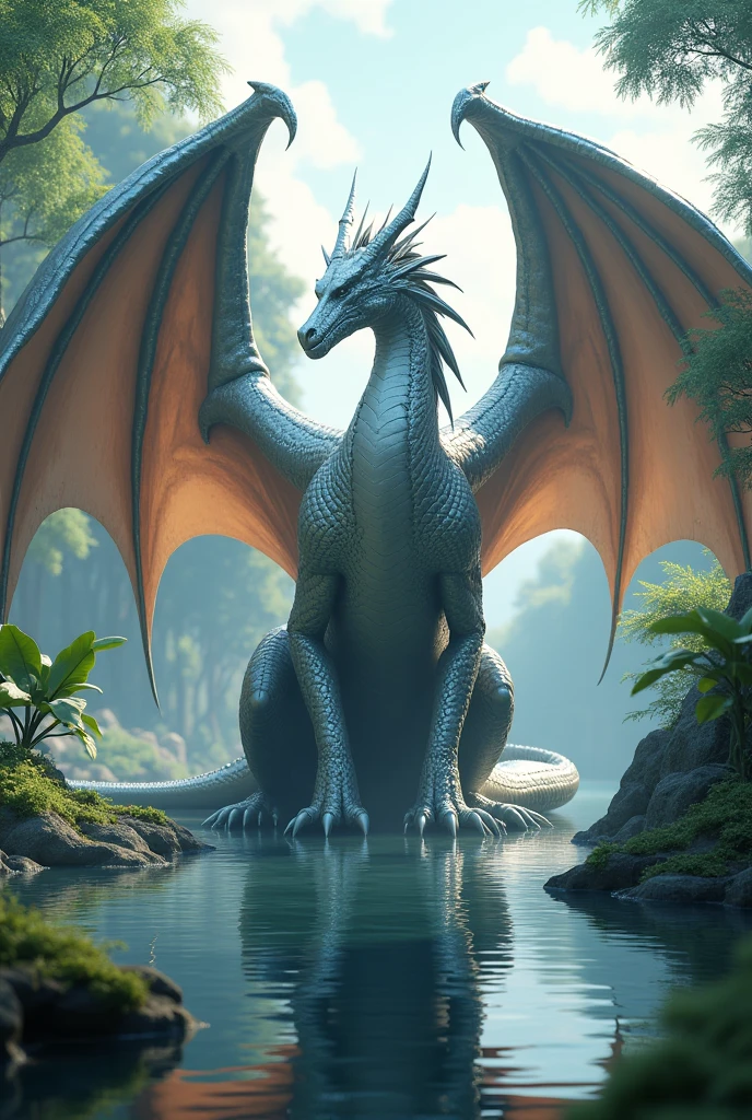 a majestic giant silver dragon、two big wings made of feather、 four arms、in a clearing with a lake