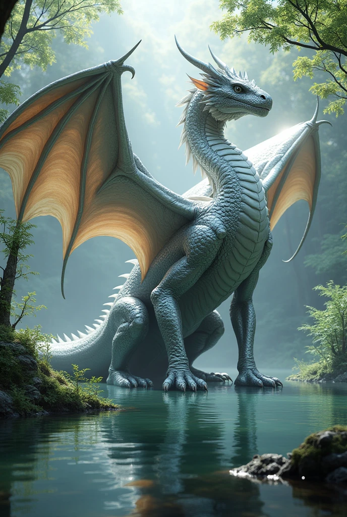 a majestic giant silver dragon、two big wings made of feather、 four arms、in a clearing with a lake