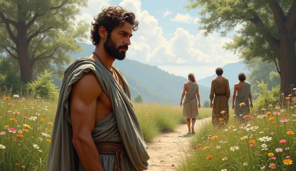 “A male Stoic philosopher, around 2, possesses a well-proportioned and attractive physique, his slightly tanned skin. His very short, well-trimmed beard and wavy, well-styled hair, drawing attention wherever he goes. He is dressed in classic tunics in soft earthy tones - gray, brown, and olive green - with subtle gold or copper details, which fall gently on his body, subtly revealing his shoulder. In a newly cleared and organized area of a symbolic garden, now filled with vibrant flowers and plants, the philosopher is seen planting new seeds. This action symbolizes the creation of space for true and positive connections. In the background, a few figures represent people who support and inspire the philosopher, standing amidst the blooming garden. The scene is painted in an impressionist style, with dramatic brushstrokes capturing the gentle sunlight that bathes the garden, highlighting the contrast between the fresh, vibrant growth and the clear sky above. The philosopher’s face reflects a sense of calm determination and hope, emphasizing the metaphor of removing negativity to allow positive growth and connections.”