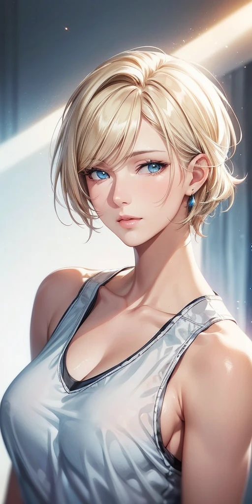 Portraiture, Realistic, Elegant mature woman, blue eyes, Brown blonde hair, Side bangs, 4K resolution, High quality CG, Beautiful CG, Soft Light