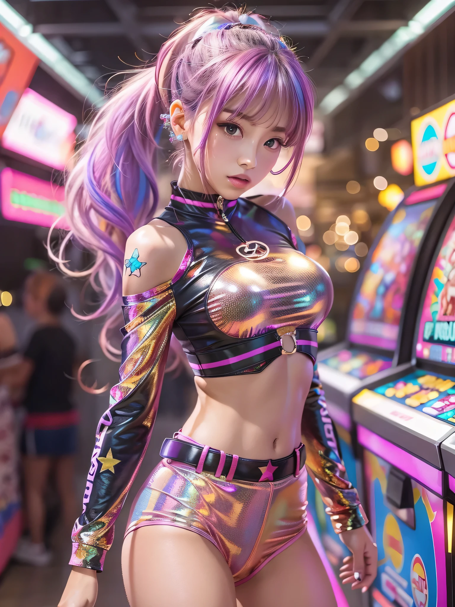 ((Tabletop)), Highest quality, Absurd, Ultra-detailed, Holographic, Cowboy Shot, Golden Ratio, Very cute girl, Mature Girls, idle girl, Super beautiful Asian girl with very beautiful purple sparkling eyes, Beautiful shiny brown multicolored hair, High Ponytail, nice and sexy body, The body is slim, Perfect body, Wearing a super tight anime pattern leotard, Super tight off-the-shoulder long sleeve crop top with anime print, Super aesthetic transparent mini jacket, Beautiful hair ornaments, pink jordan tennis, Black, unkempt, shiny hair,,, In arcade games