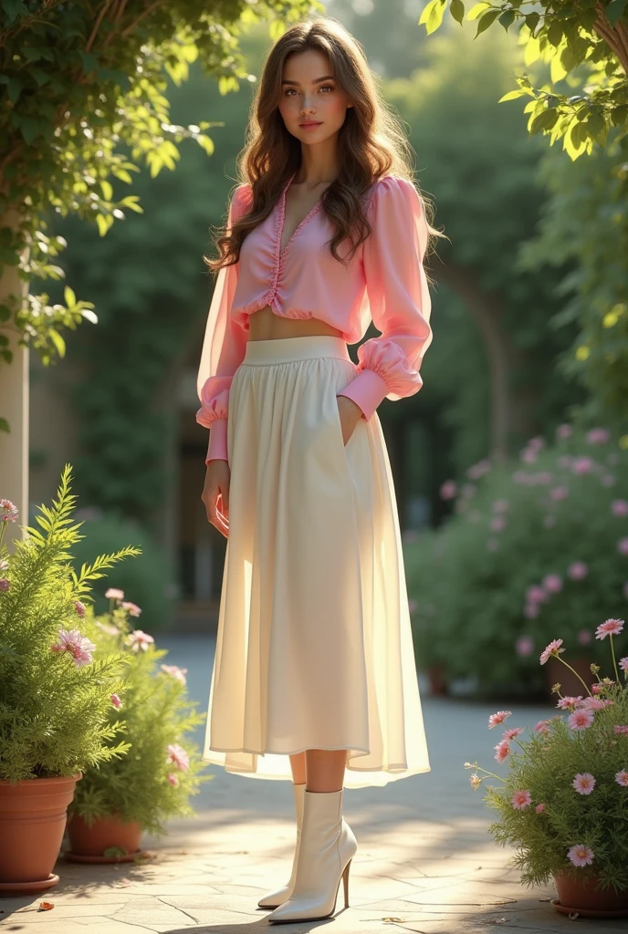 (photorealism:1.2), beautiful caucasian young woman type Debby Ryan, wearing a pink blouse with long puffed sleeves, a long white skirt, white high heel ankle boots, long wavy brown hair, in a garden party, realistic