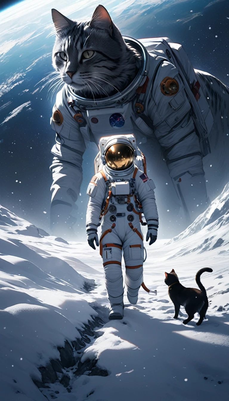 Astronaut Meets a Kitty, 8k,masterpiece,best quality,4k,realistic lightin,((realistic:1.2)),minimalist,futuristic environment,captures a poignant scene on a snow-covered world,snowing,where a person is accompanied by a black-furred robotic cat with mechanical limbs. ((he astronaut's clear 'human' marked:1.5 )) suit stands out against the backdrop of deep space. The computer's intense light casts a stark contrast to the darkness,while the astronaut's gaze towards the cat conveys a profound connection .The robotic cat is portrayed with lifelike precision,its mechanical limbs moving with fluid grace.,