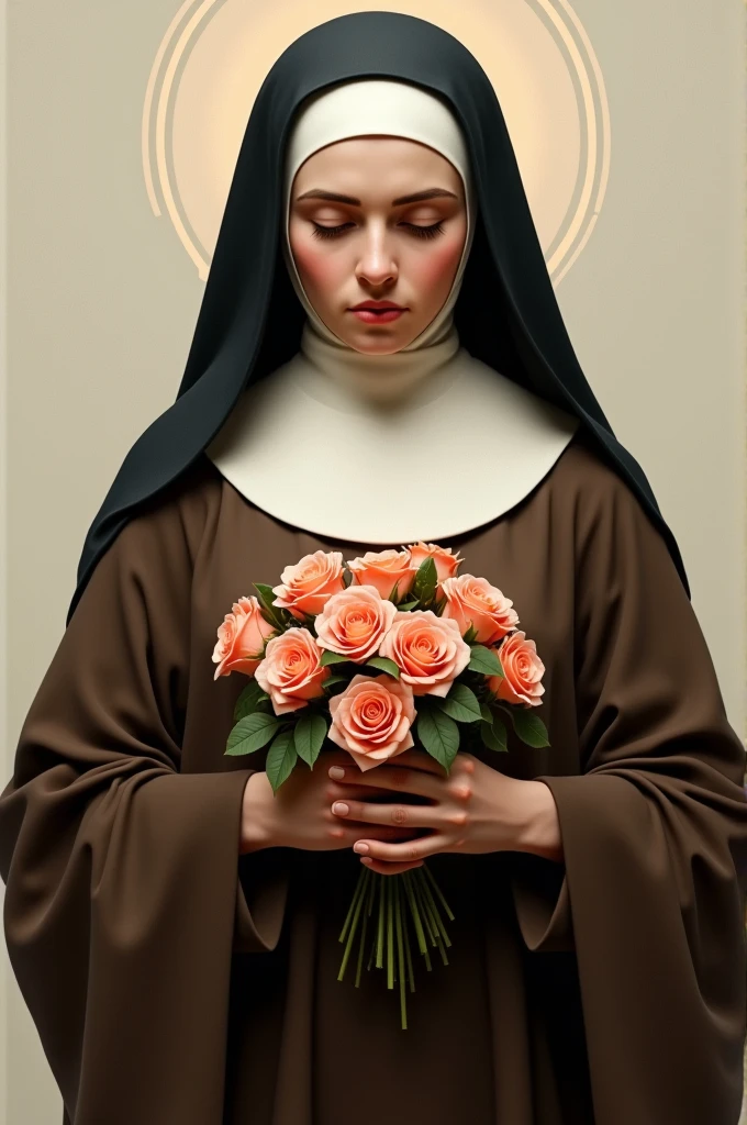 Generates an image of Saint Therese, dressed in a brown habit, black veil,  a light yellow cloak over the habit, a religious nun, holding a bouquet of roses and a crucifix. she is portrayed with a contemplative expression, reflecting his deep spirituality and communion with God, she has on average 24
