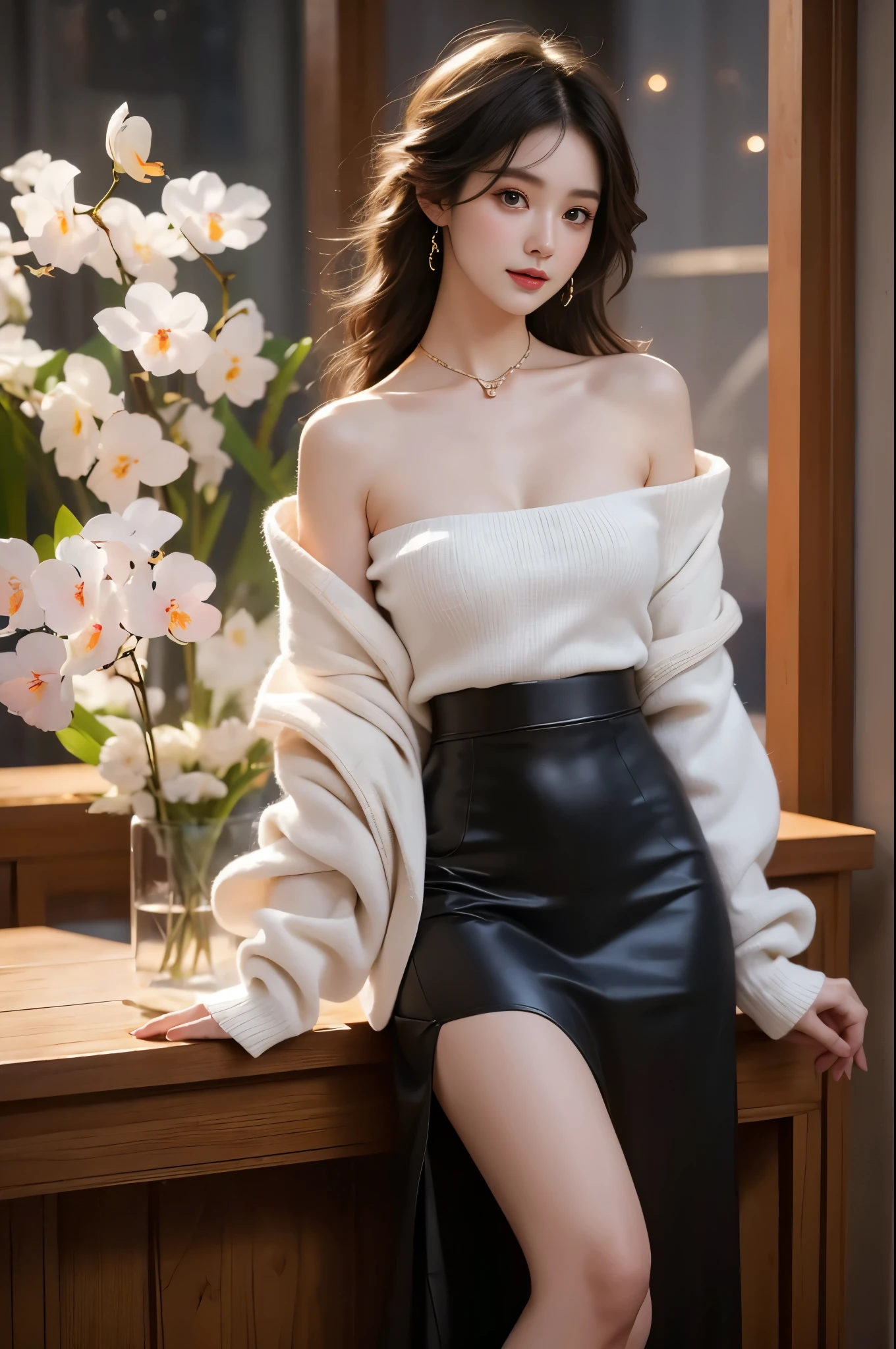 outfit-gls
sweater
high-waist skirt
long skirt(quality improvement:1.4),1girl, Visible cleavage,Sexy long legs,The skirt is short,She gently lifted her skirt with one hand,Surrounded by white Phalaenopsis orchids,Lilac dendrobium、White Lily, Flying petals,(Top quality leather), Delicate face,Black Hair, Gradient hair, Body,(Body1.1), He has a precious gem on his forehead.., Frameless glasses, Shining Student,Long eyelashes,Smile, Surrealism, Movie Lighting, Projection Insertion, Surrealism, Ultra HD, masterpiece,lie,Keep dreaming,Open your legs slightly.,Tattoo,Fantasy Space,Luxurious space,Exquisite makeup,Blush,Shy expression