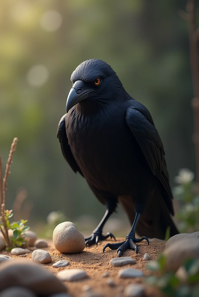 The crow is shown thinking or looking around. It notices small pebbles lying nearby. The crow seems determined as it starts picking up a pebble with its beak.