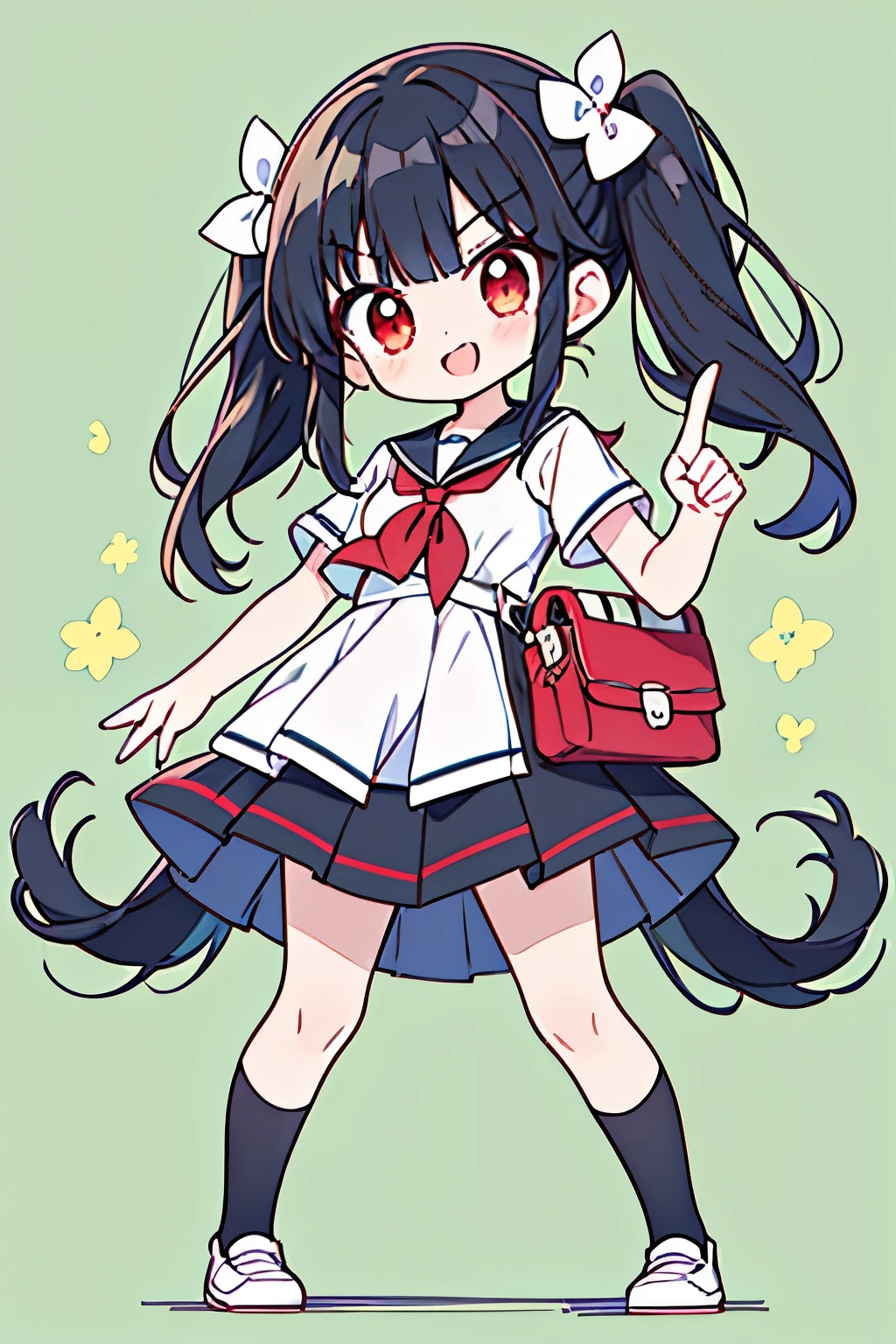 1girl,black hair,red eye,long hair,standing, full body,green background,angry,smile,one hand pointing finger,angle from below,puff out your cheeks,almond-shaped eyes,5 heads and bodies,pony tail,hentai,( girl:1.2)