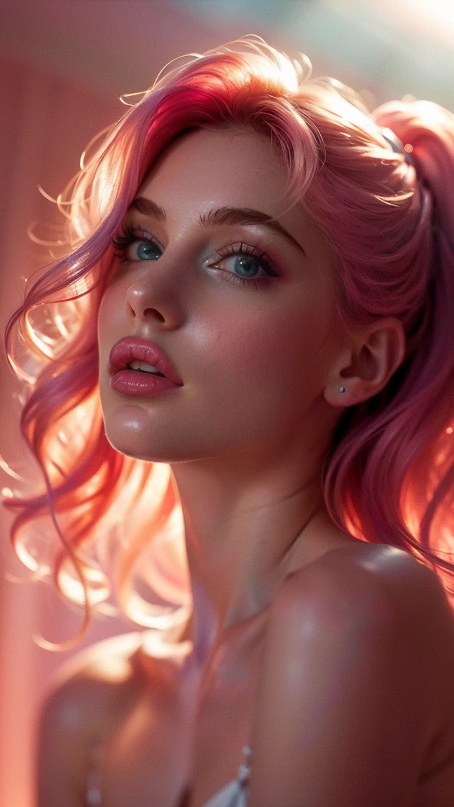 (((ultra realistic))) Photo, masterpiece, top quality, (pale skin), (Ultra detailed face and eyes:1.3), 1 girl, Adult, In Lifchik, ((Eye makeup, pink mascara)), ((large detailed lips)), ((pink wavy hair)), ((Stylish hairstyle)) , (Natural breasts), Slim waist. ((Posing, Hand on face)), photoshoot, Studio soft lighting, (The play of light and shadows), depth of field, bokeh, (special attention to skin detail: 1.2), Detailed leather texture, skin pores. (Airy atmosphere of the frame. Color range - delicate, Bright, Pink tones), UDR, ((Film grain)), ((rays)), (Glare), ((waist up portrait, close to the camera)) , ultra detialed, 