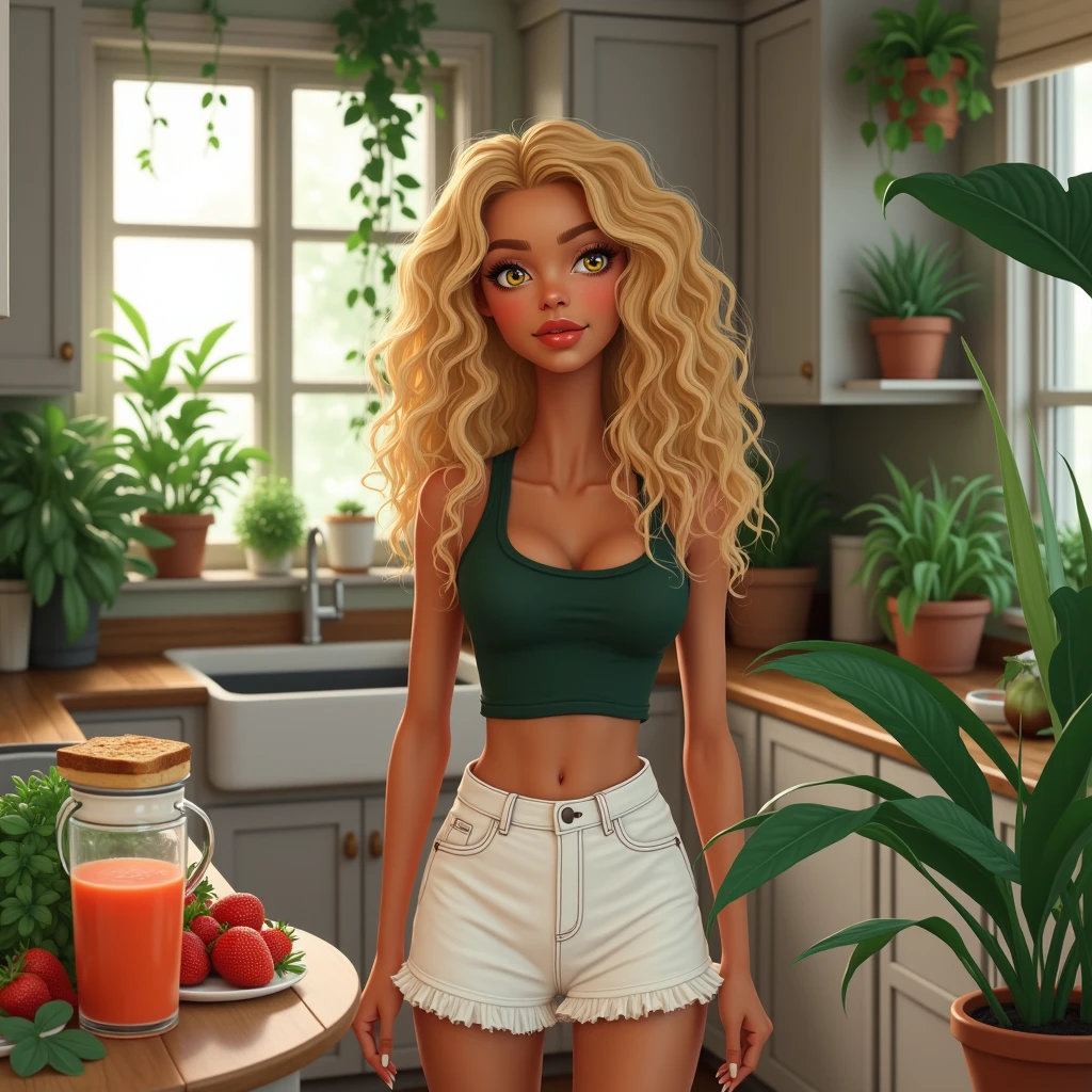 Toffee color skin, beautiful toffee mixed woman with long blond curly hair flat bat and extremely detailled clear yellow eyes, She is in a beautiful wood and white kitchen with a lot of plants and she prepares a strawberry banana smoothie and butter toasts, she wears a dark green tank top and a white sexy mini skirt