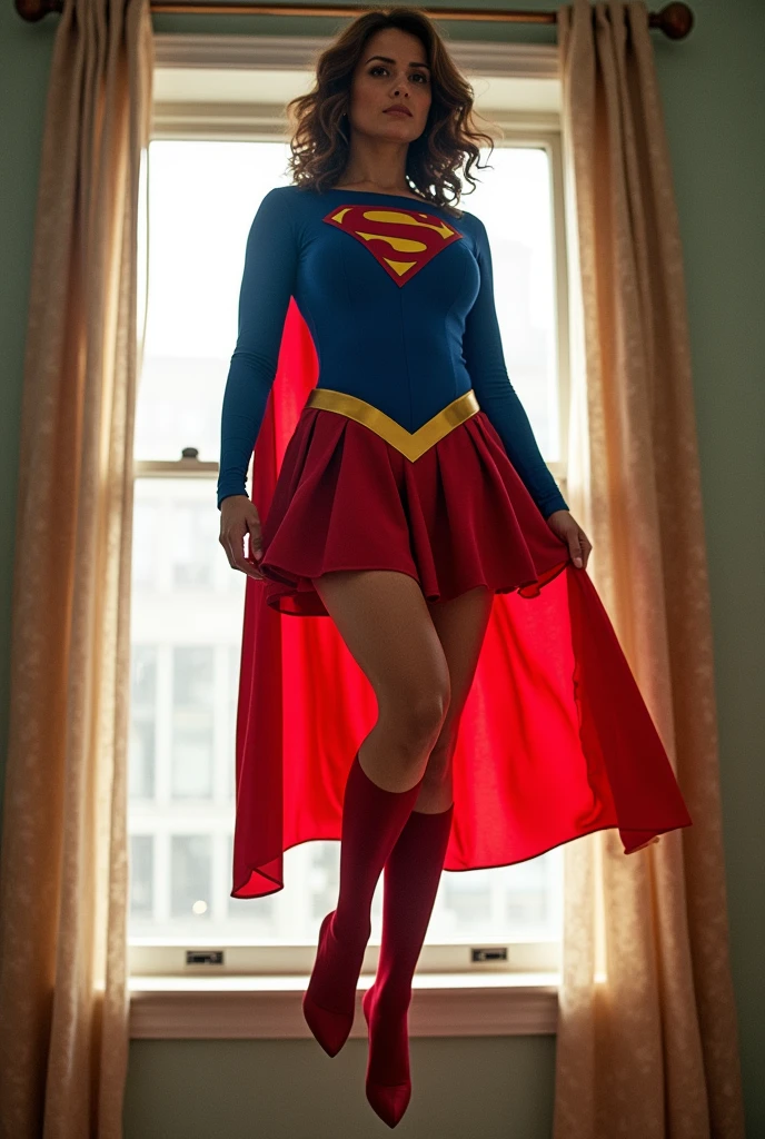 open window; Super Lorraine Bracco(fat woman; powerful; trusting; higher) 2007 (((Woman defined body with big breasts, strong and firm; Supergirl 1984s fancy dress))) as Supergirl(((Filme da Supergirl de 2007 de Lorraine Bracco))); floating in mid - air.