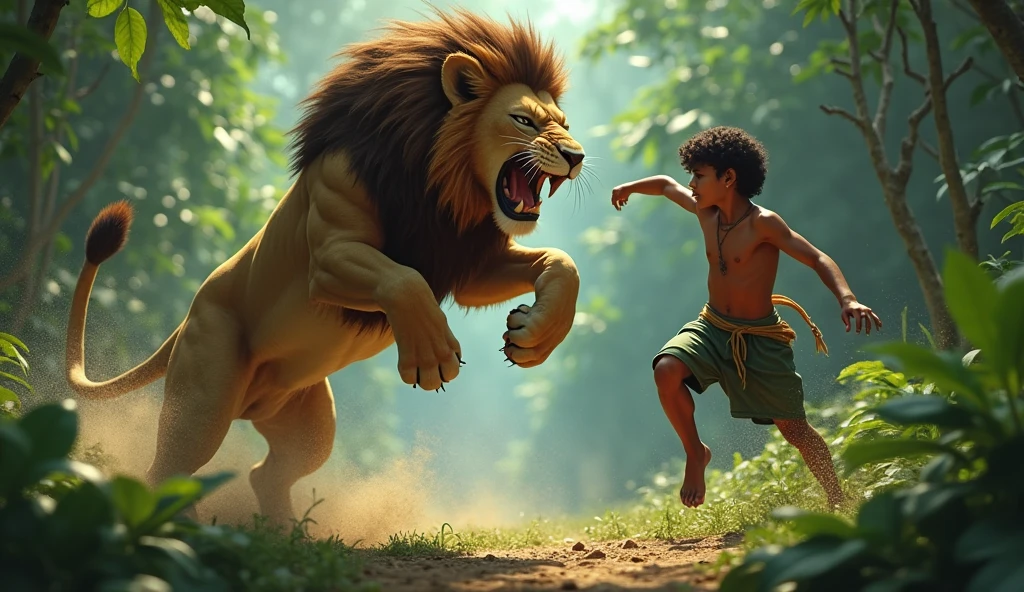 Prompt: An intense action scene in the jungle. Ram, the young boy, is skillfully dodging the lion's attack by jumping to the side. The lion, mid-leap, is snarling, its claws outstretched toward Ram. Ram’s expression is concentrated, with sweat on his forehead, showing his courage and agility. The background shows dense foliage and a tense, dramatic atmosphere