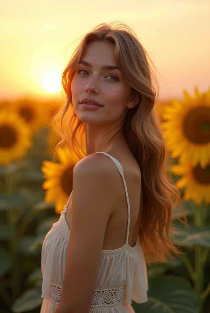 A realistic portrait of a young woman standing in a lush sunflower field during the golden hour. The warm sunlight softly illuminates her face, highlighting her natural beauty with a gentle, serene expression. Her dress is light and flowy, with detailed lace accents that catch the warm, soft light. The sunflowers around her are tall and vibrant, with petals that glow in the sunset. The sky behind her is a beautiful gradient from soft orange to pale pink, creating a dreamy yet realistic backdrop. The lighting should be natural and warm, with a slight breeze that gently moves her hair and the sunflowers, adding a touch of realism and dynamic energy to the scene. The overall image should have a natural, lifelike quality, emphasizing the warmth and tranquility of a summer evening in a sunflower field.