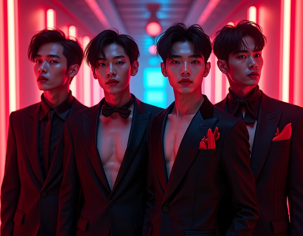 Create an album cover featuring four handsome Korean men dressed in stylish vampire outfits with blood accents on their clothing. The ambiance should evoke an 80's look, with vibrant neon colors, retro patterns, and a slightly nostalgic, glamorous feel."