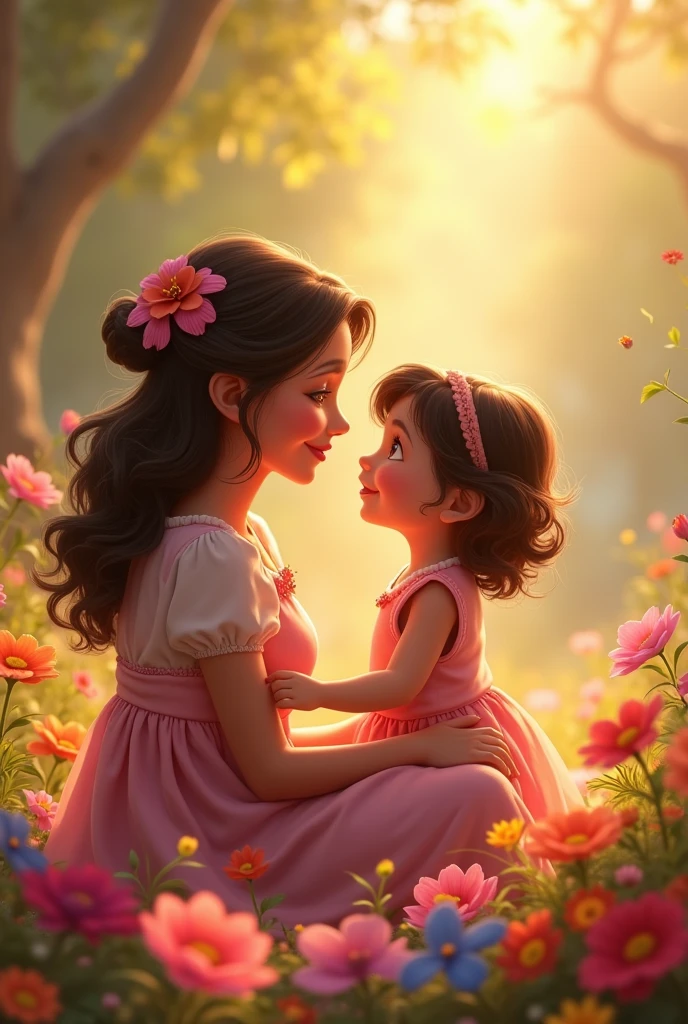 In the flowers,Mother and face to face,Small in front of the camera,Disney style,Warmth