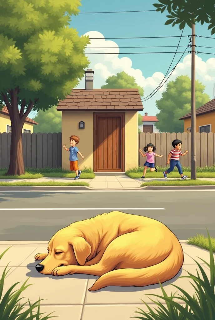 Yellow dog is sleeping on the street near the house that brawn door and children are playing on this street