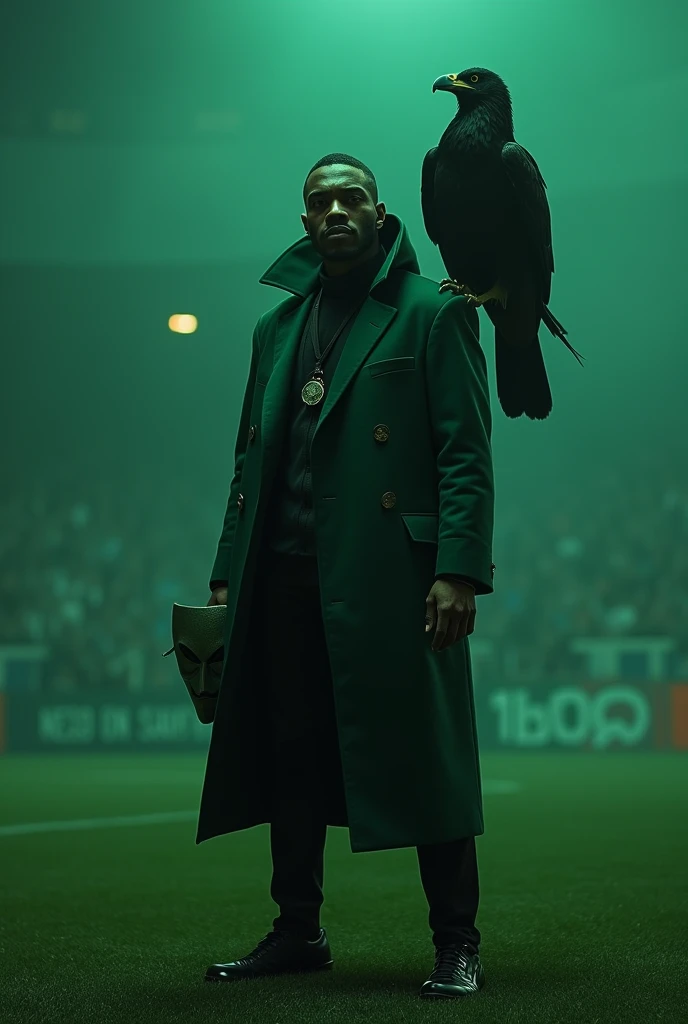 An Afro-European man with "v for vendetta" hat in a "V for Vendetta" costume stands on a soccer field. Holding "V for Vendetta" mask in one hand, Dark green field surface, dark ambient lighting, a large black eagle on his shoulder, dim light,