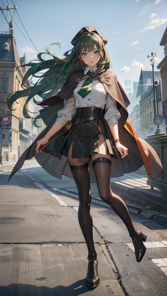 masterpiece, Super detailed, 8K portrait, RAW photo, portrait photography, highly detailed face, beautiful and detailed eyes, ((fantasy)), young and beautiful, 22 years ago, dynamic pose, (((long straight deep green hair))), ((One side is woven with orange ribbon)), dull bangs, beret, white skin color, luxury, hooded (((Dark brown))) (((Silk Long Cloak))) fluttering in the wind, (((dress shirt))), (((silk maxi skirt))), leather corset, (((dark thigh high tights))), High Cut Leather Boots, (((Lift a long magic wand))), ((wear a pocket watch)), midday sun, surreal, body model, small breasts, beautiful breasts, long legs, city, environmental lighting, shadow details , focus the camera on the face, strong wind, light fog