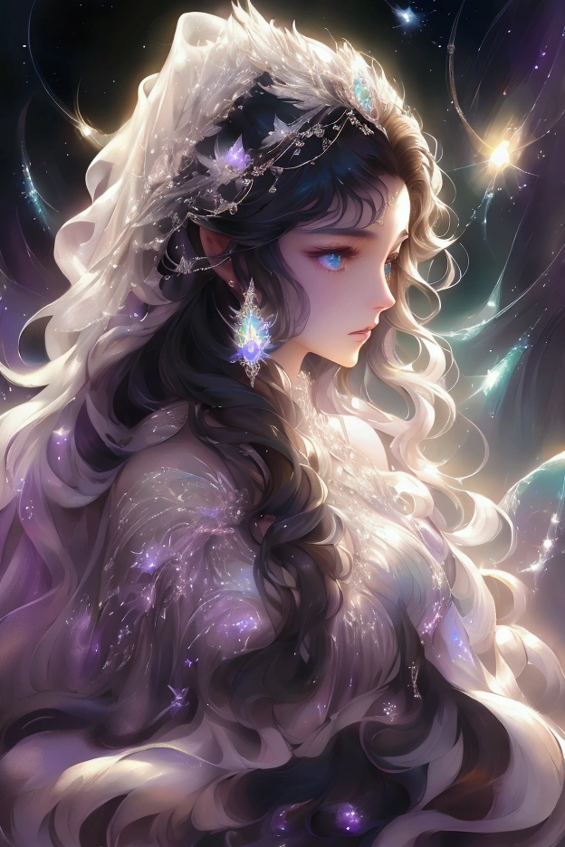 Aurora possesses dark hair with silver strands that shimmers starlight and luminous eyes that reflect the constellations. Her powers allow her to manipulate the energy of the cosmos and elemental power, harnessing the power of stars to protect and heal those around her. She emits an otherworldly aura that instills hope and tranquility in everyone she encounters.She has a perfect body, two angel wings that shimmer with starlight and appear at her request
