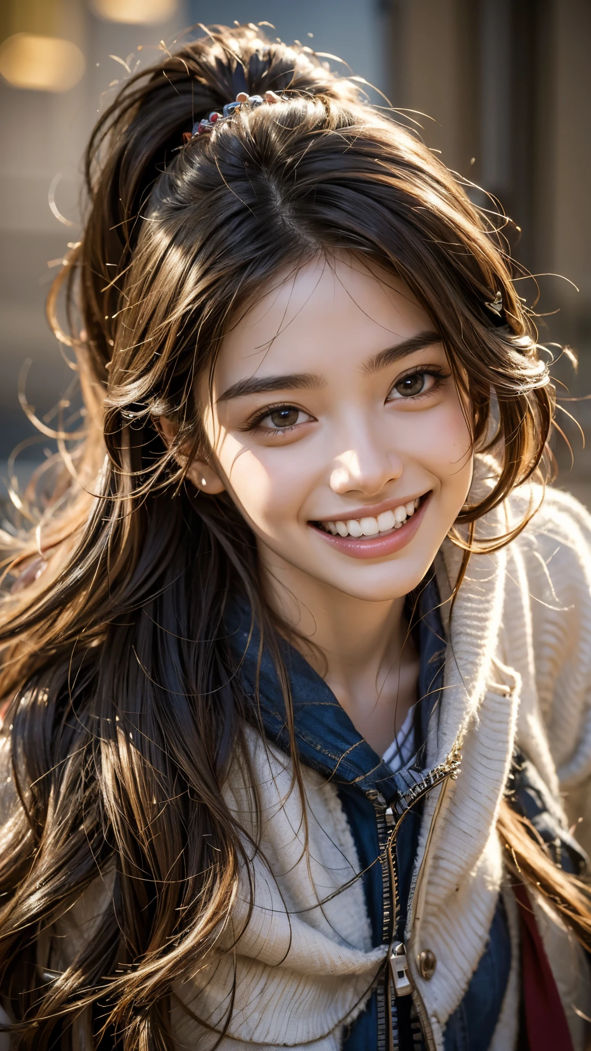 Highest quality, masterpiece, Ultra-high resolution,8k,((Toothy smiling portrait:1.4)), (Realistic:1.6),((It's raining:1.4)), ((A radiant smile)), RAW Photos,((Stylish patterned sleeveless shirt and pleated mini skirt)),((Soft looking breasts)),((Full body photo)),1 person,2 adult women,(Full of smiles:1.6)) ,((Ponytail and hair tie)),((Ribbon in hair)),((Looking up at the audience)),Face Focus:1.4,((Photographed from above with a fisheye lens:1.15)),